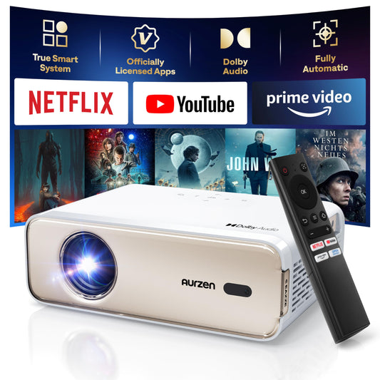 Aurzen EAZZE D1 Proyector inteligente con WiFi y Bluetooth, licencia oficial de Netflix, enfoque automático y piedra clave, audio DoIby, zoom, película nativa 1080P, mini proyector portátil para