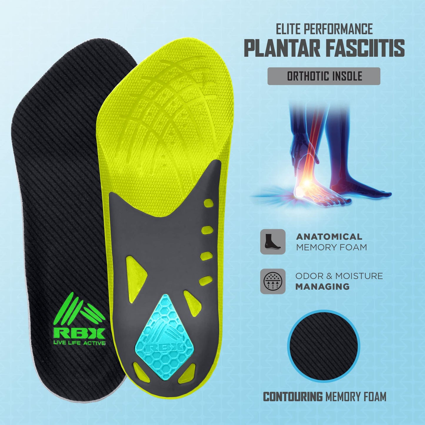 RBX Plantillas ortopédicas para fascitis plantar, tamaño 3/4 para mujer (lima)