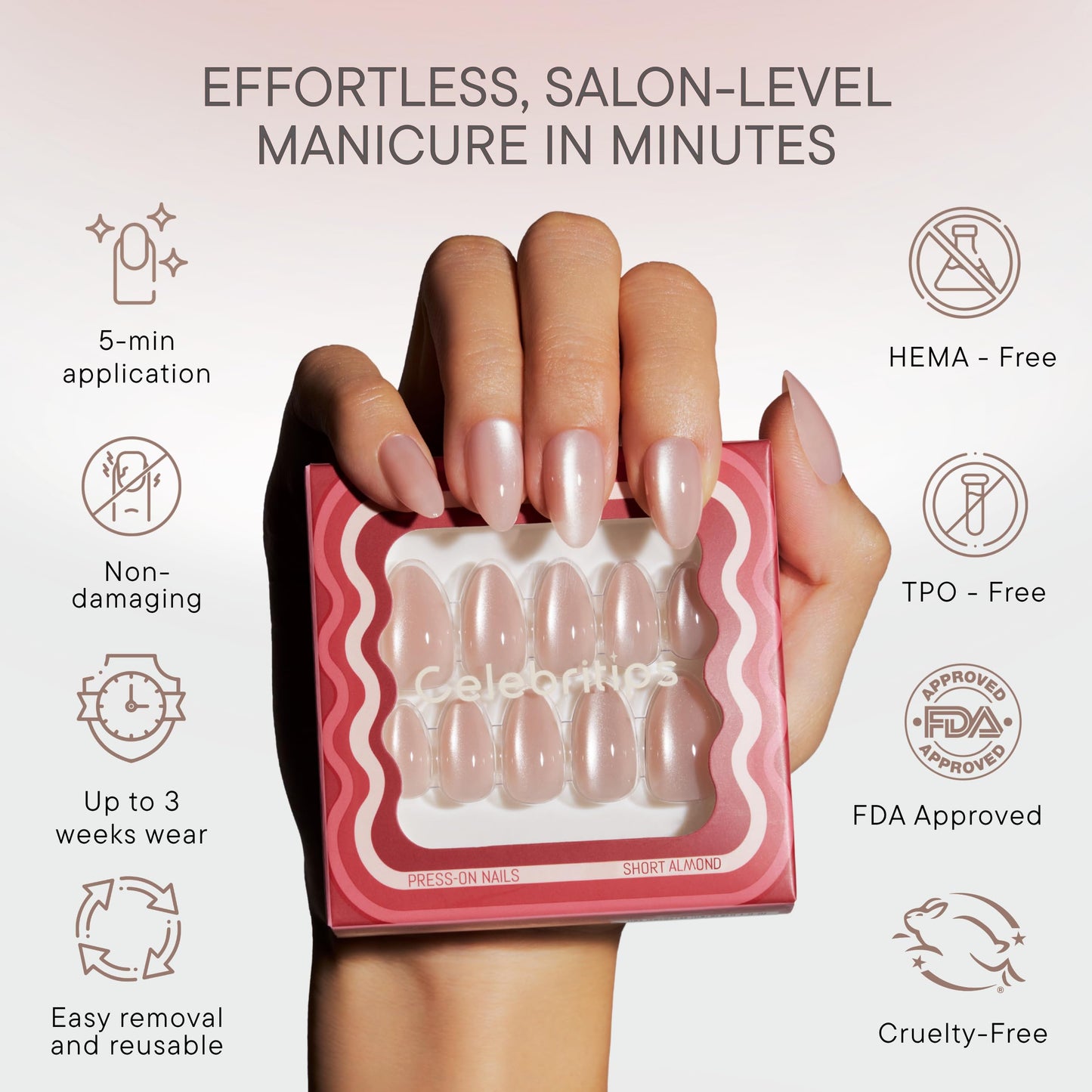 Celebritips Uñas Postizas Decorativas | Uñas Cortas Almendradas, Reutilizables | 16 Tamaños - Kit De 32 Uñas Con Pegamento De Fijación Extrafuerte Y Pestañas Adhesivas(Ella Lleva Cristales En Sus Uñas