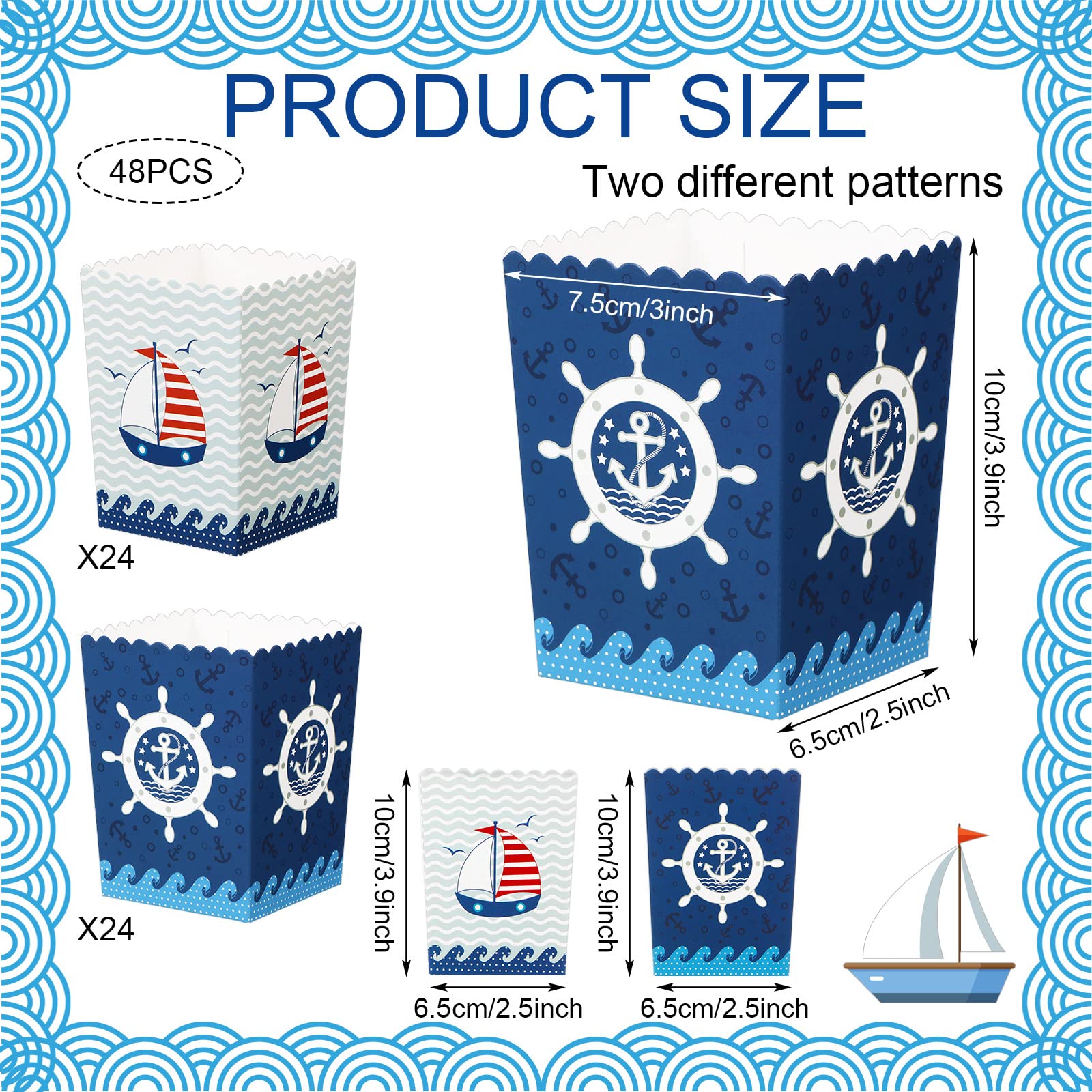 HooLing 48 cajas de palomitas de maíz marinero para crucero, decoración náutica para fiestas de palomitas de maíz, cajas de regalo de papel, ancla, océano náutico, regalos para fiestas de cumpleaños,