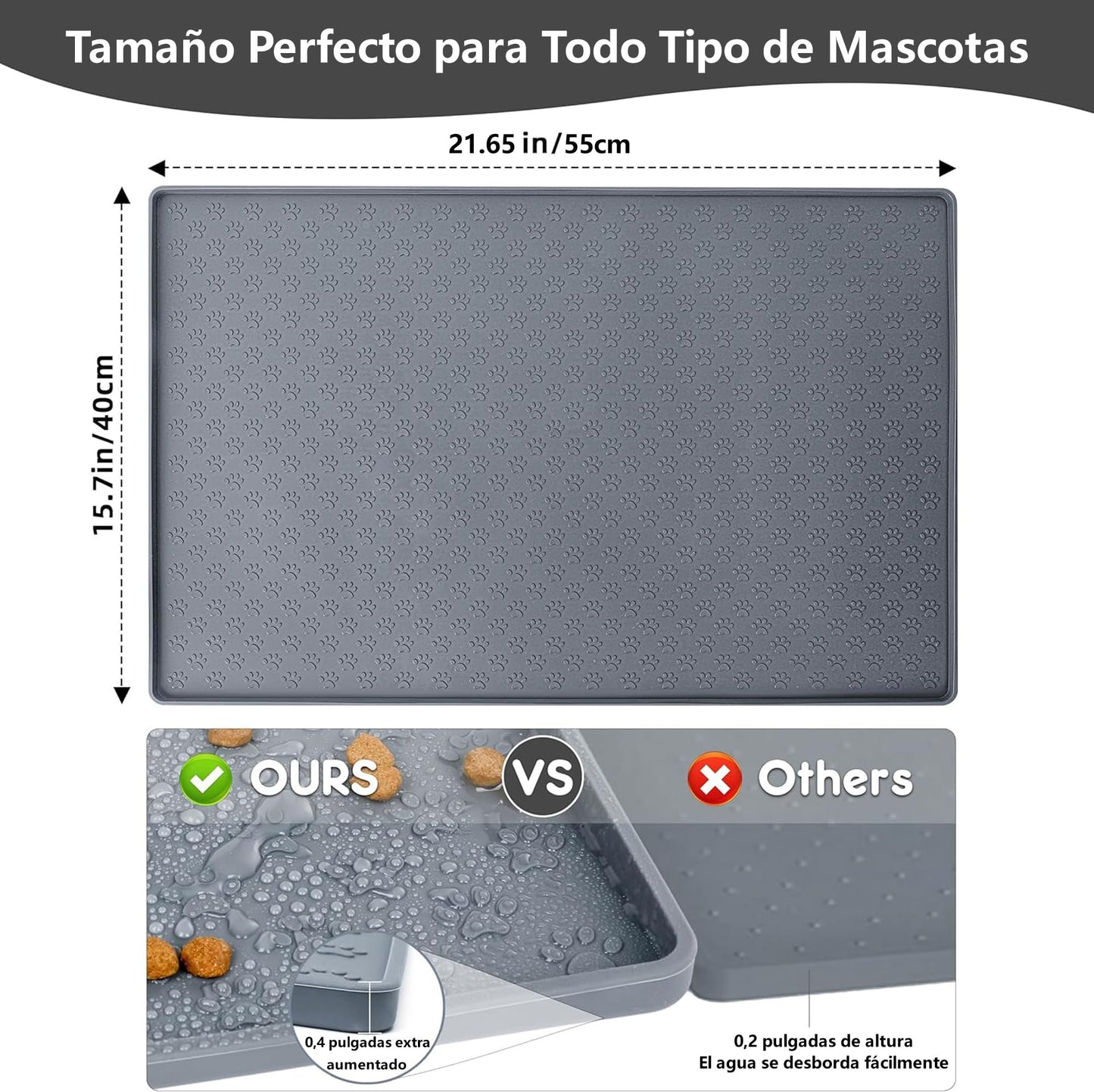 Tapete para Comida de Perro Sugarzoon Gris Silicona Impermeable Antideslizante 55x40 cm