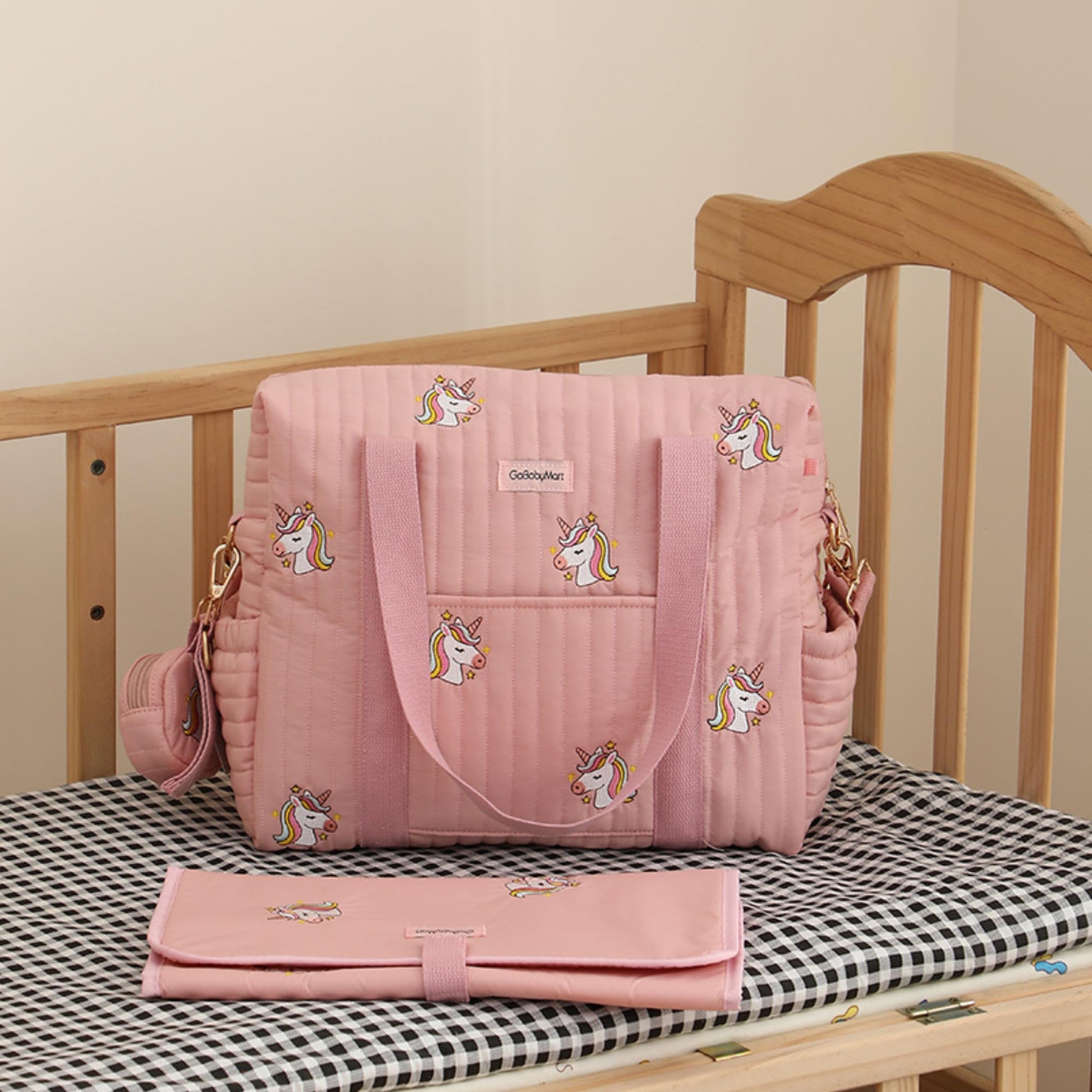 GOBABYMART - Juego de 3 bolsas de pañales con cambiador y estuche para chupete, bolsa de viaje de maternidad de algodón (mediano - unicornios rosa)
