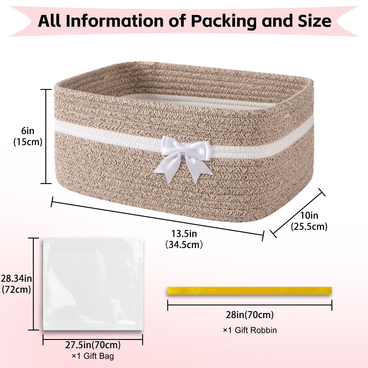 OIAHOMY - Cesta de almacenamiento tejida grande con asas para guardería, estantes de sala de estar, cesta de lazo para regalos vacía con bolsas de regalo y cintas para baby shower, contenedor de