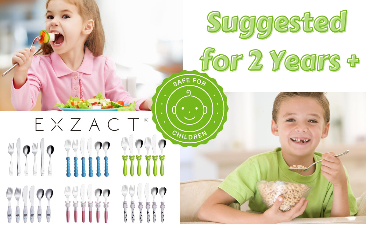 Exzact Stainless Steel 18 Pieces Childrens Flatware/Kids Silverware/Cutlery Set - 6 x Safe Forks, 6 x Safe Table Knives, 6 x Tablespoons - Safe Toddler Utensils (Engraved Dog Cat Bunny)