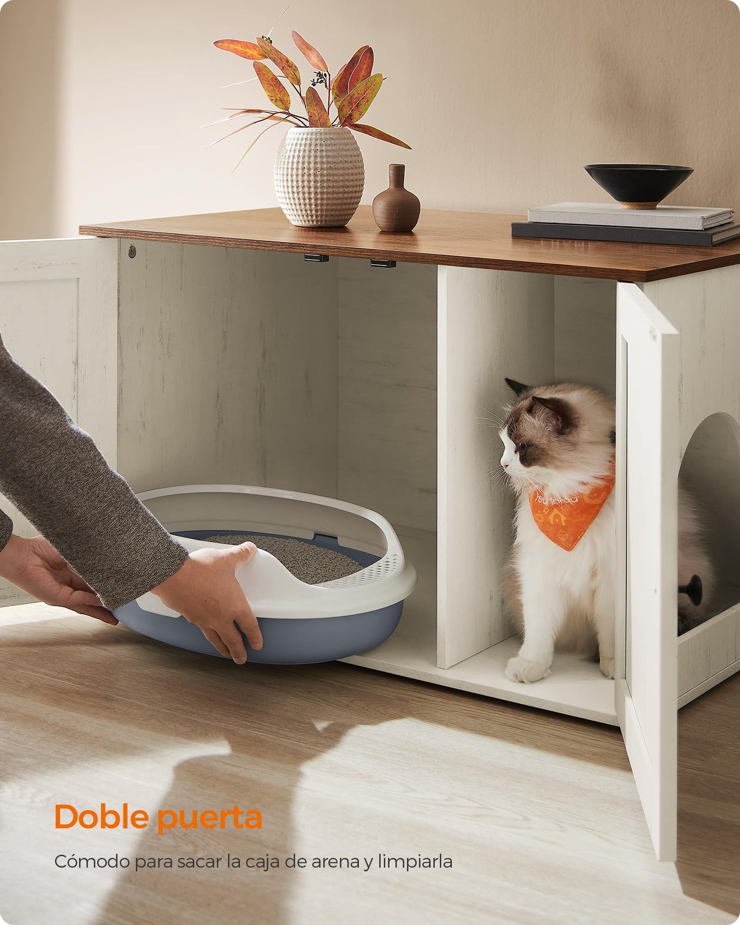 Feandrea Arenero para Gatos, Caja de Arena Oculta, con Separador Extraíble, 80 x 53 x 50 cm, Marrón Miel y Blanco Rústico MPCL002P01