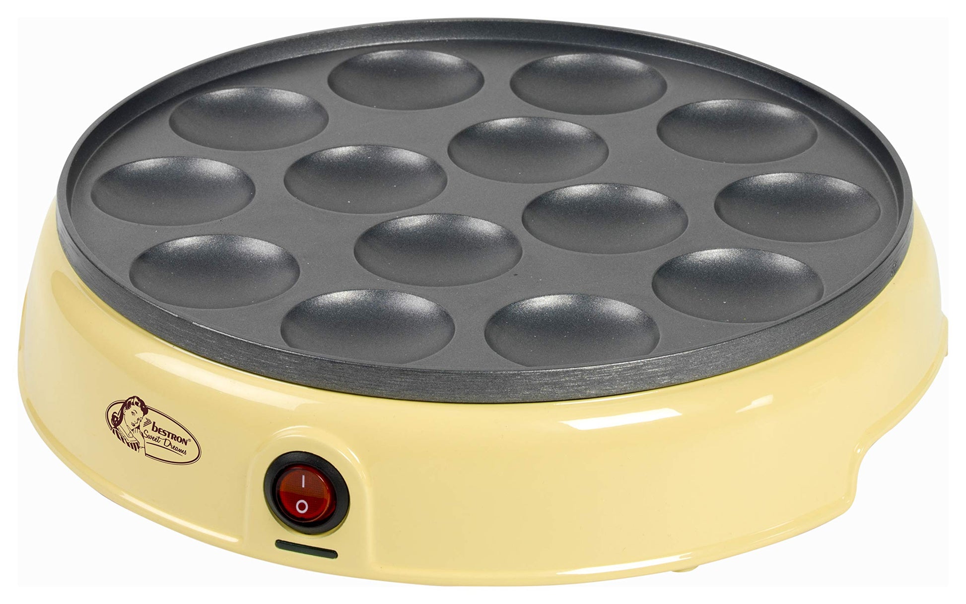 Bestron Poffertjes - Mini tortitas con revestimiento antiadherente Sweet Dreams, 800 W, color amarillo