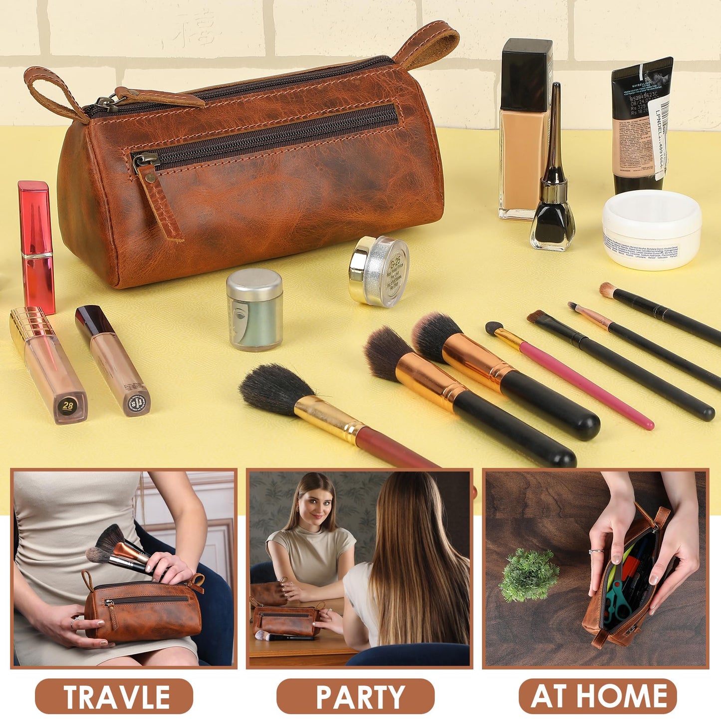 TheAntiq - Bolsa de maquillaje de piel bronceada (8 x 3.5 x 3 pulgadas) - Estuche pequeño para cosméticos para bolso, estuche de maquillaje multiusos con cremallera para viajes o regalo, organizador