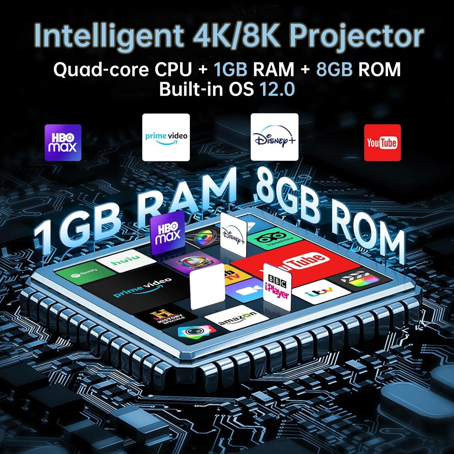 AOC 1080P Proyector Inteligente,300 ANSI & 12000 lúmenes,Enfoque automático y Android 12 Proyectores con Wifi6 y Bluetooth5,proyector portátil teléfono & HDMI,para Uso doméstico y Exterior