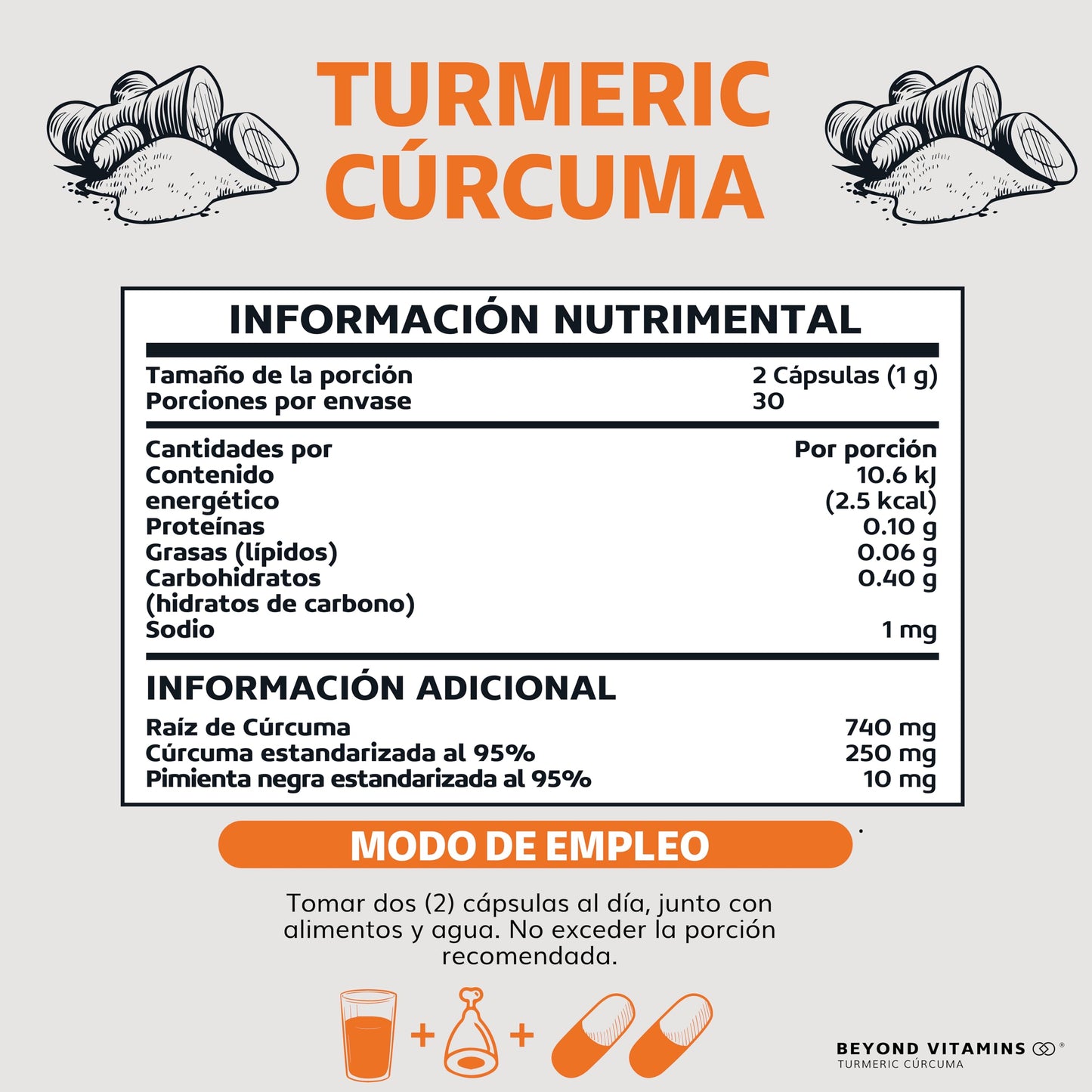 Suplemento Alimenticio Turmeric Cúrcuma con Raíz Estandarizada y Pimienta Negra Alta Potencia NON GMO