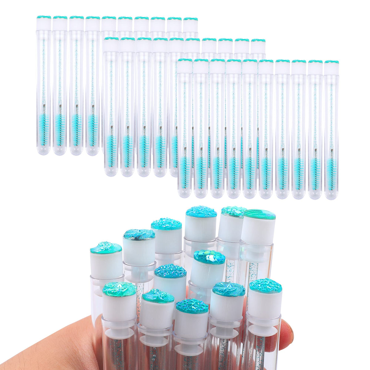 60 pinceles desechables para pestañas y pestañas con forma de diamante, para maquillaje, varita de máscara en tubo sanitario, suministros para pestañas (turquesa)