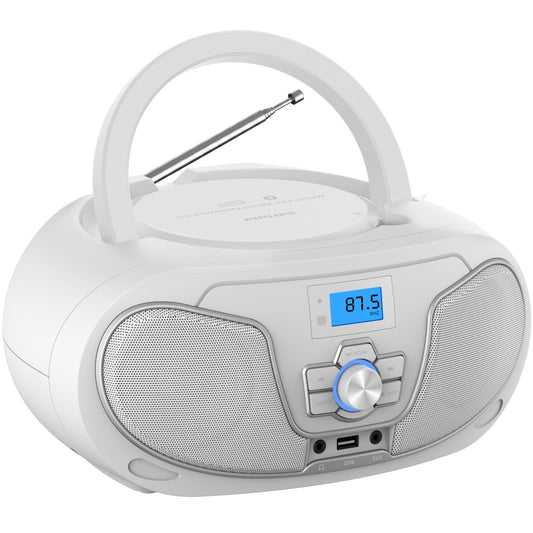Philips Reproductor de CD Boombox, Aumento de graves dinámico con Bluetooth, Radio FM, Reproducción USB y entrada AUX, Boombox portátil de carga superior, Estéreo claro, Compatible con RW/MP3 (Blanco)