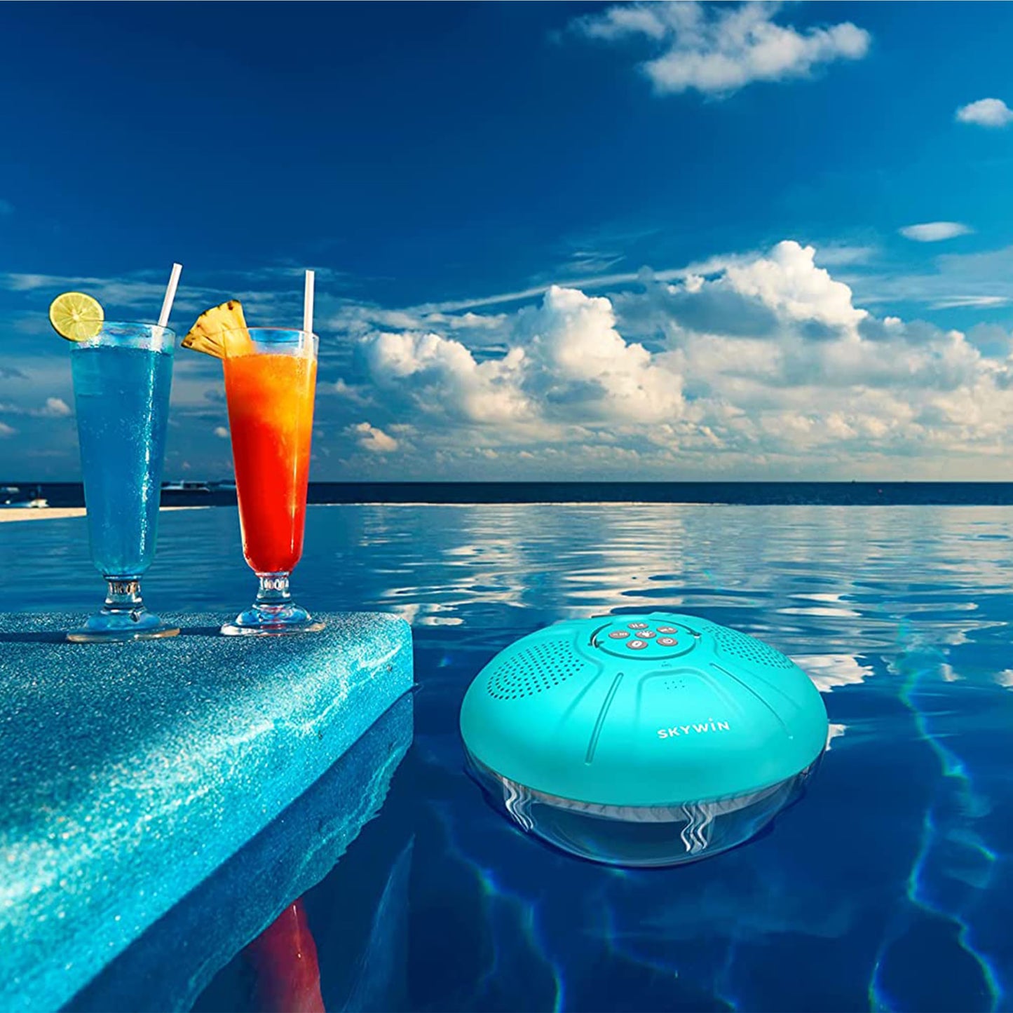 Skywin Hot Tub Speakers and Speakerphone - Disco Light Floating Waterproof IPX7 Large Wireless Pool and Shower Speaker - Pool Speakers Support Dual Speaker Connection and Feature Quality 2.1 Sound