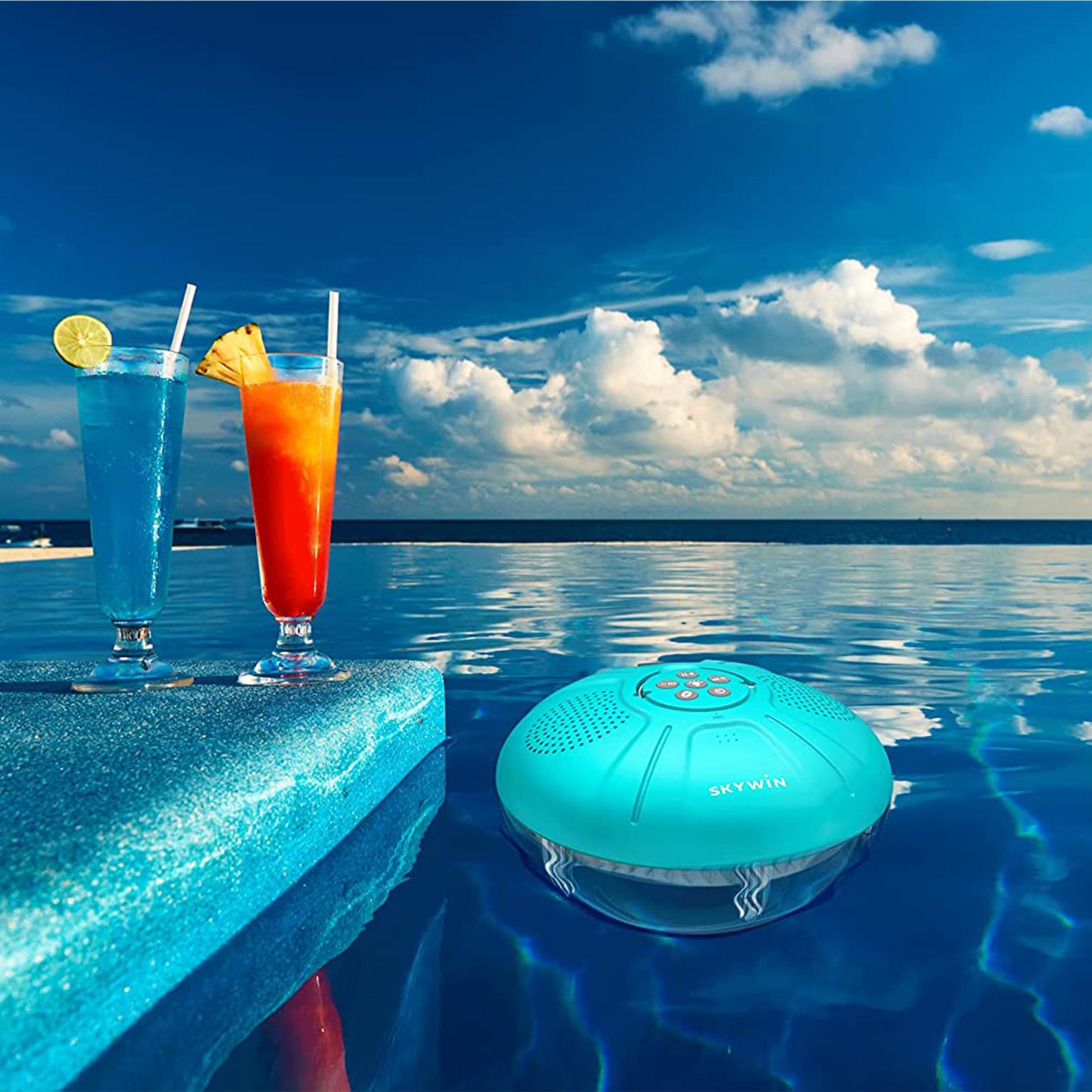 Skywin Hot Tub Speakers and Speakerphone - Disco Light Floating Waterproof IPX7 Large Wireless Pool and Shower Speaker - Pool Speakers Support Dual Speaker Connection and Feature Quality 2.1 Sound