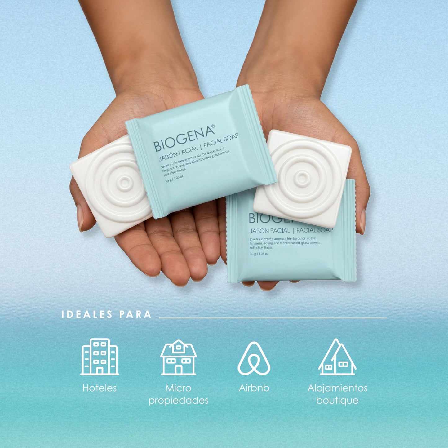 Jabón Hotelero Biogena Flowpack 30 g Caja con 300 Piezas | Jabón Individual para Airbnb, Hoteles y Spa | Aroma Cítrico Floral, Amenidades Premium para Huéspedes