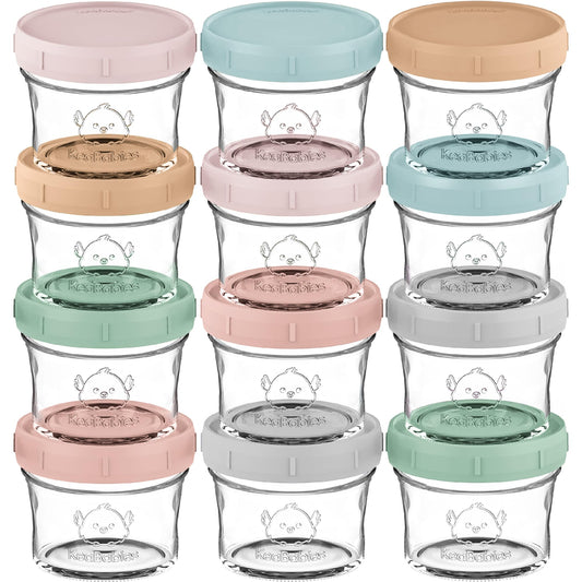 KeaBabies - Paquete de 12 recipientes de vidrio para bebés, a prueba de fugas, recipientes de almacenamiento de alimentos para bebés con microondas, bandeja congeladora de alimentos para bebés, tarros