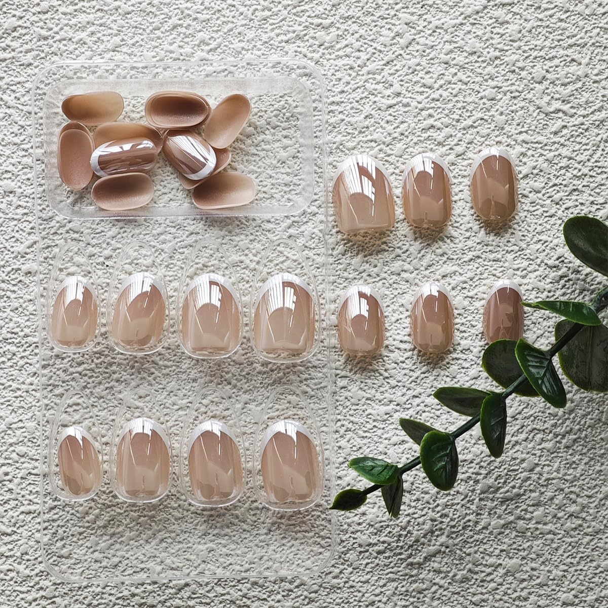 Uñas Postizas de Cortas Largas de Francesa, Adhesivas Uñas Press on Nails de Cobertura Completa, Falsas Decoradas Acrílico Natural para Mujeres y (E)