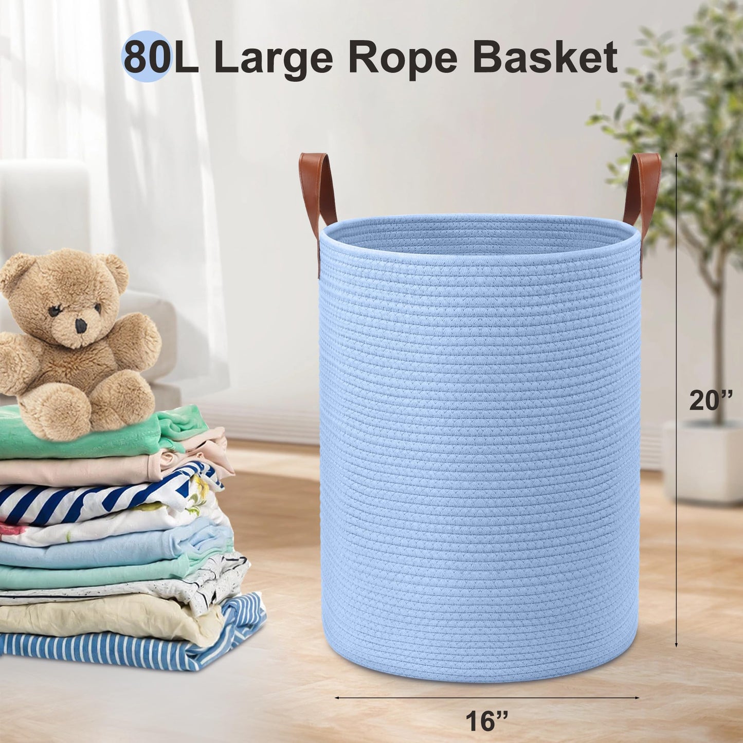 Wymulot - Cesta grande de cuerda de 80 l, cesta de almacenamiento de cuerda tejida con asas de piel, cesta de almacenamiento de juguetes para perros, recámara, almacenamiento de manta de guardería,
