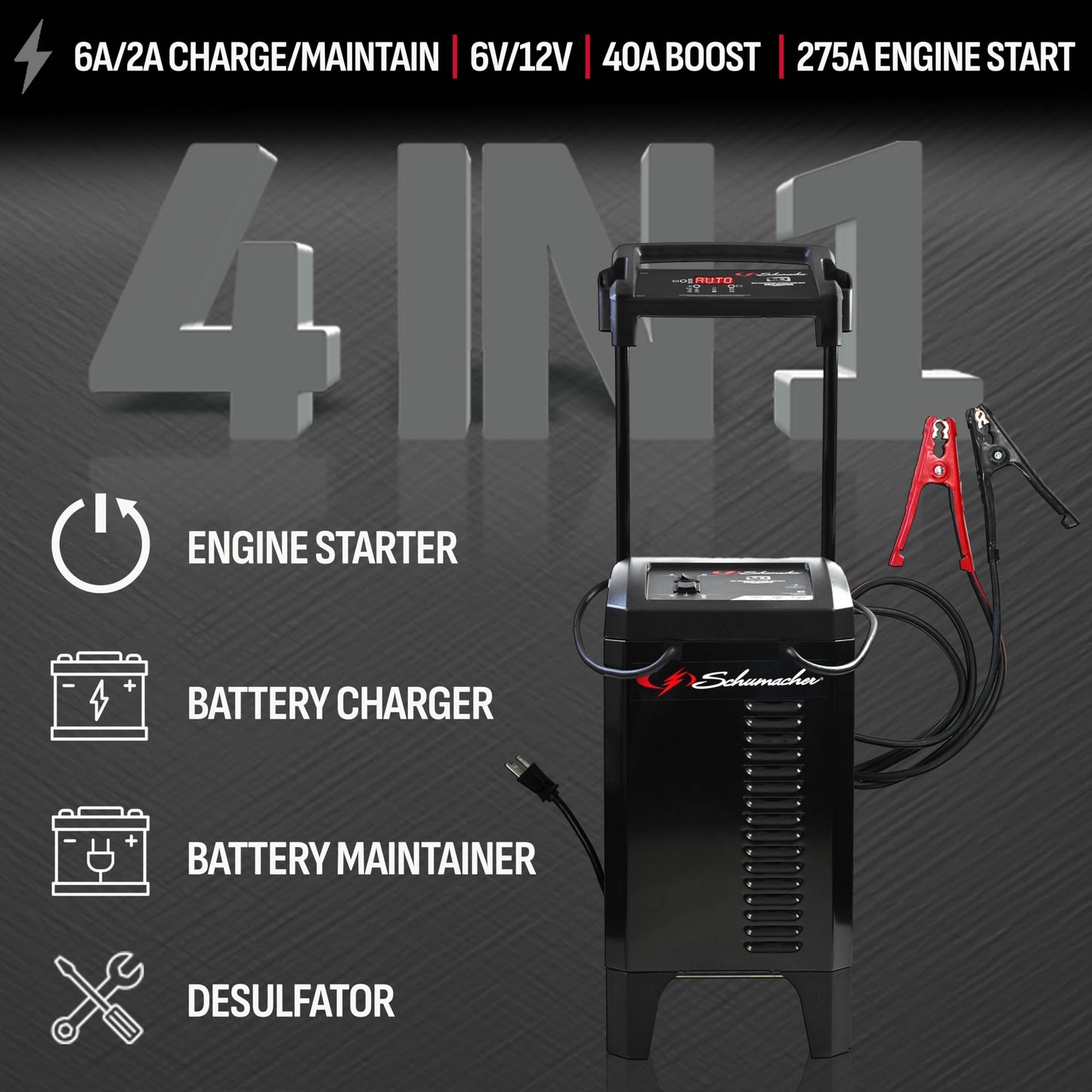Schumacher SC1326 2/6/40/275A 6/12V - Cargador de batería con ruedas y arranque del motor