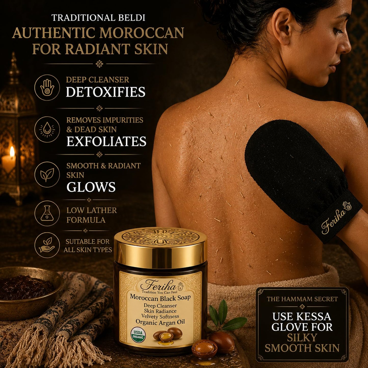 FERIHA- Jabón negro marroquí de primera calidad con aceite de argán orgánico, 100% auténtico, jabón artesanal Beldi, de origen Cr