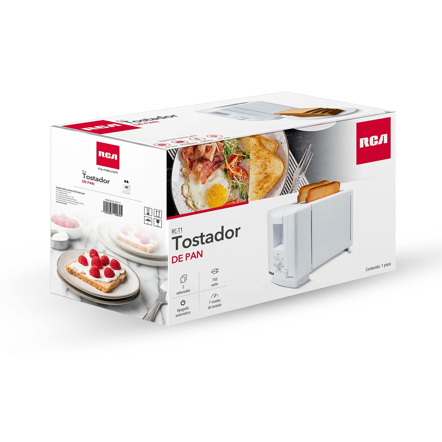 Tostador de Pan RCA, 2 ranuras, siete niveles de temperatura, boton para cancelar, bandeja de residuos extraible, blanco, modelo RC-T1