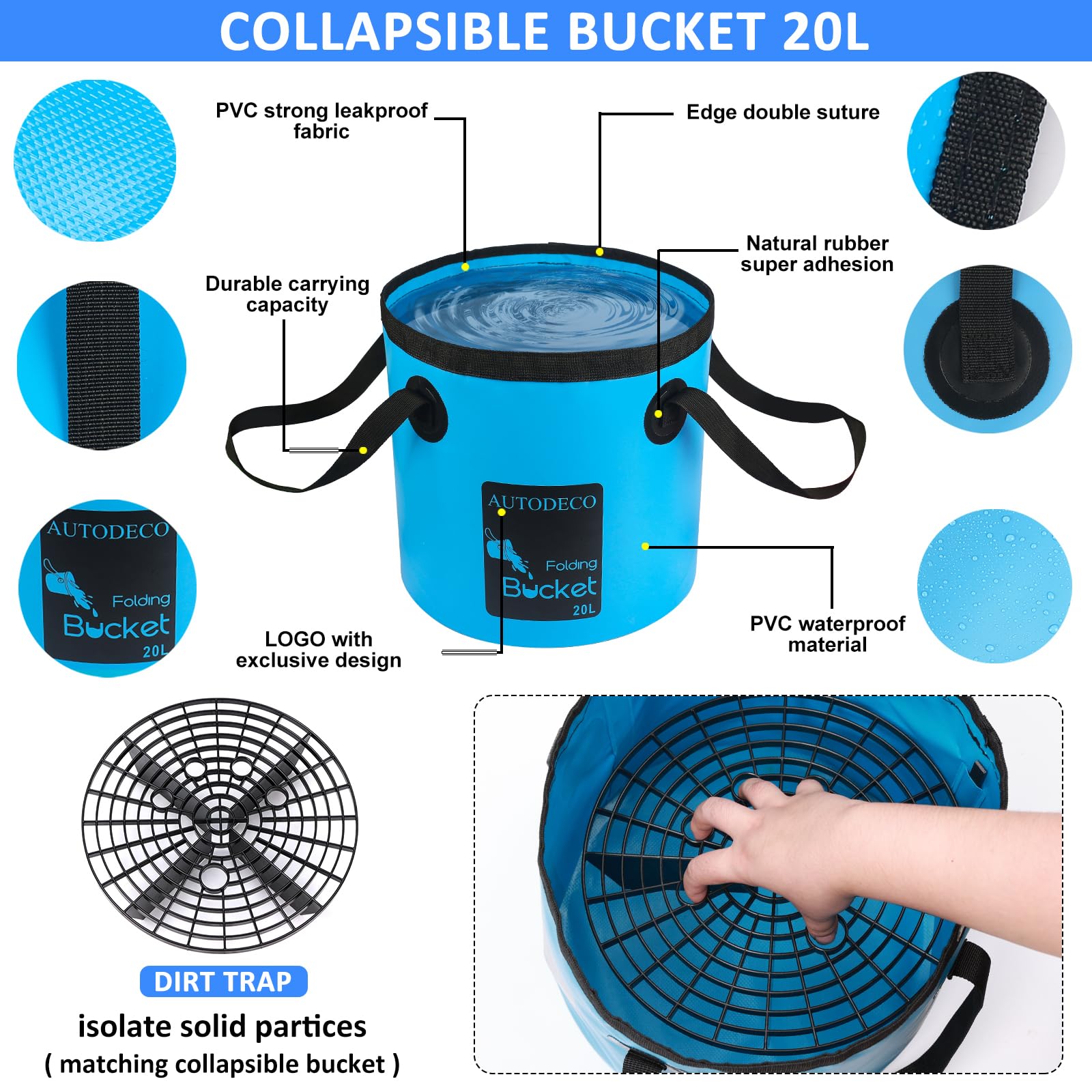 AUTODECO - Juego de limpieza para el lavado de coches con pulverizador de espuma, trapeador con mango largo, cubeta plegable, manopla grande, toallas, 44 piezas, azul