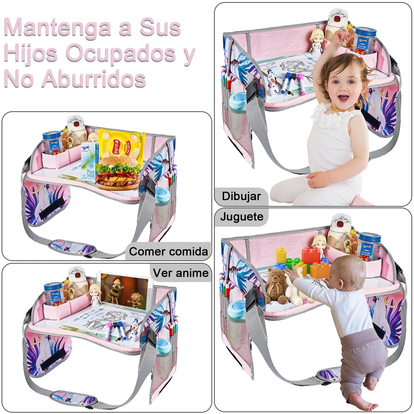 TDVCVZSD Mesa de actividades de viaje para niños,bandeja para asiento automóvil,con kit de pintura y bolsa almacenamiento,plegable y con almacenamiento,imprescindible para viajar automóviles y aviones (Selva tropical + Dragón rojo)