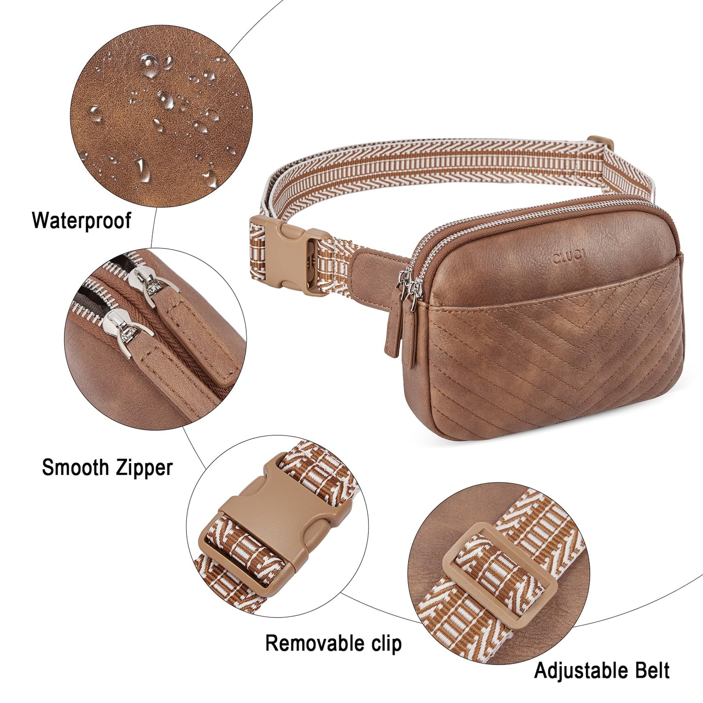 CLUCI - Riñonera para mujer, mini bolso cruzado en todas partes, correa ajustable, piel vegana, riñonera para mujer, A-2 café, Una talla