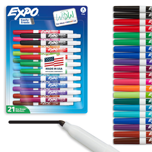 EXPO Marcadores de borrado en seco, marcadores de pizarrón blanca con tinta de bajo olor, punta fina, colores vibrantes surtidos, 21 unidades