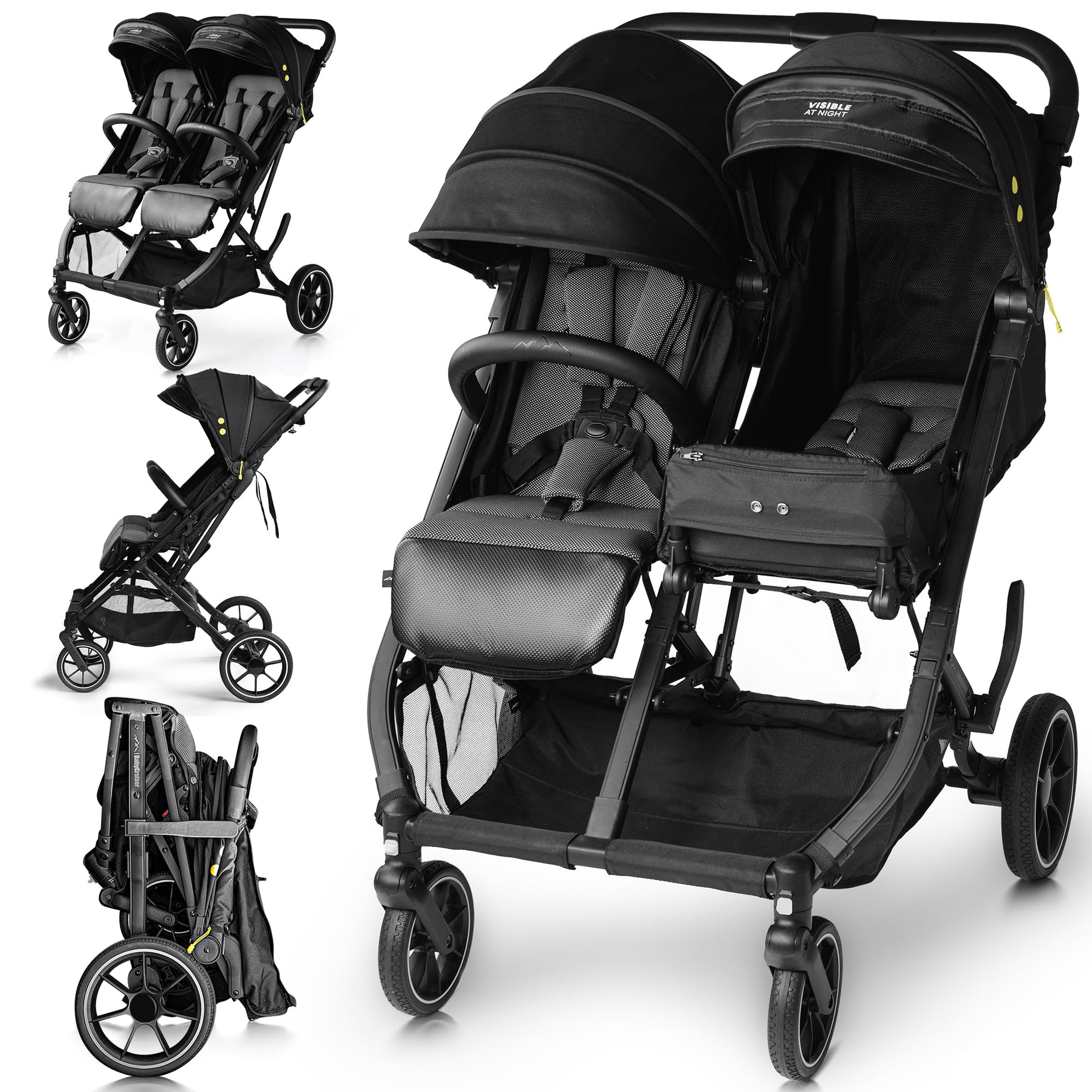 BabyCruiser - carriola doble para recién nacidos y niños pequeños, ruedas giratorias, plegado con una mano, tamaño compacto, ligero y doble carriola desde el nacimiento hasta 40 libras por asiento