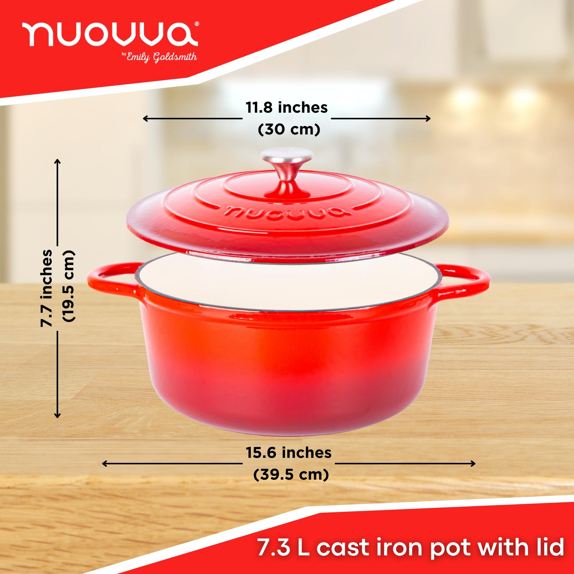 Nuovva - Horno holandés de hierro fundido con tapa - Cacerola esmaltada antiadherente - Utensilios de cocina resistente para horno holandés - Rojo, 7.3 cuartos de galón, 30 cm
