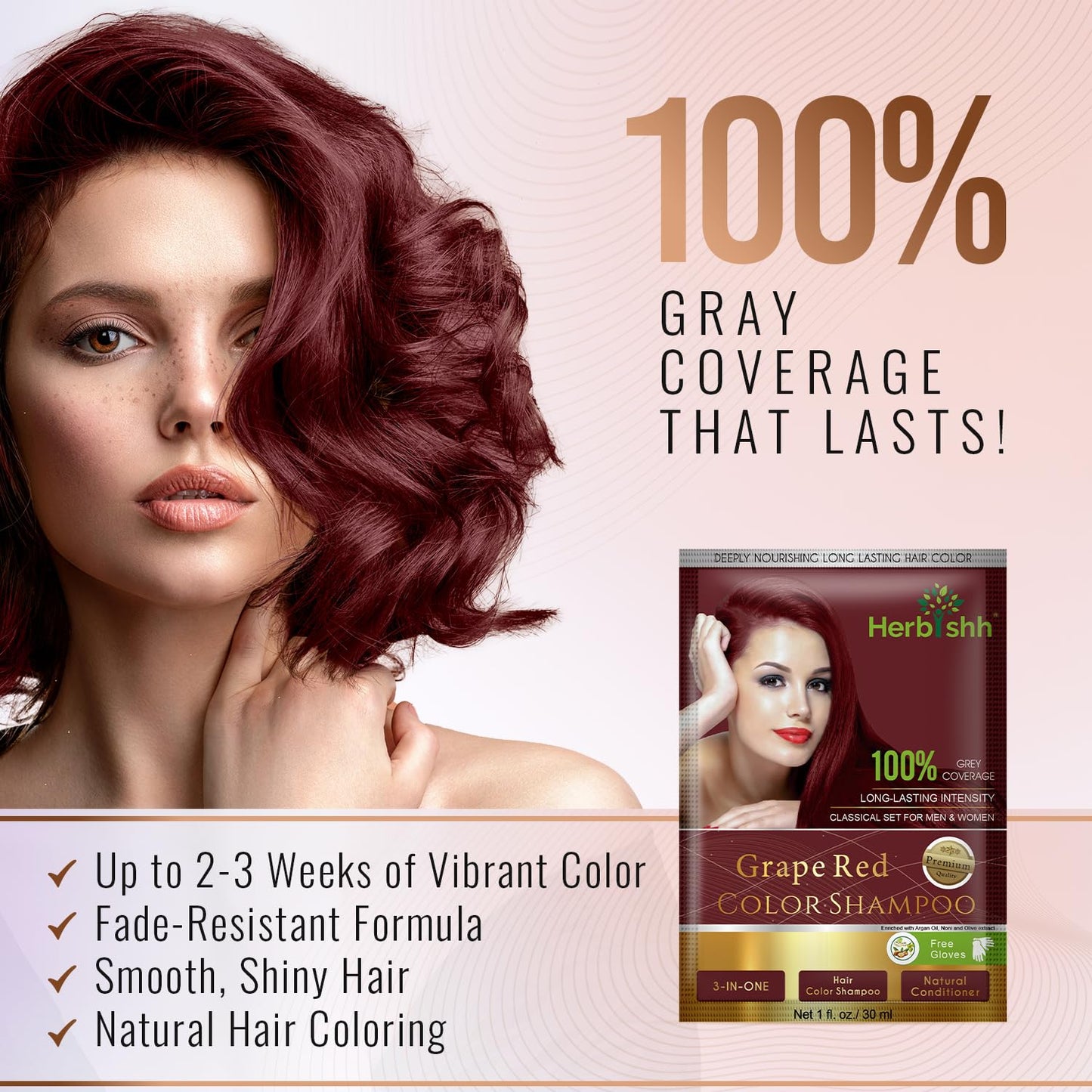 Herbishh Hair Color Shampoo for Gray Hair– Hair Dye Shampoo with Argan Hair Mask–Tamaño de viaje-Tiñe el cabello en minutos–Color de larga duración–10pack+1pack (Grape Red)