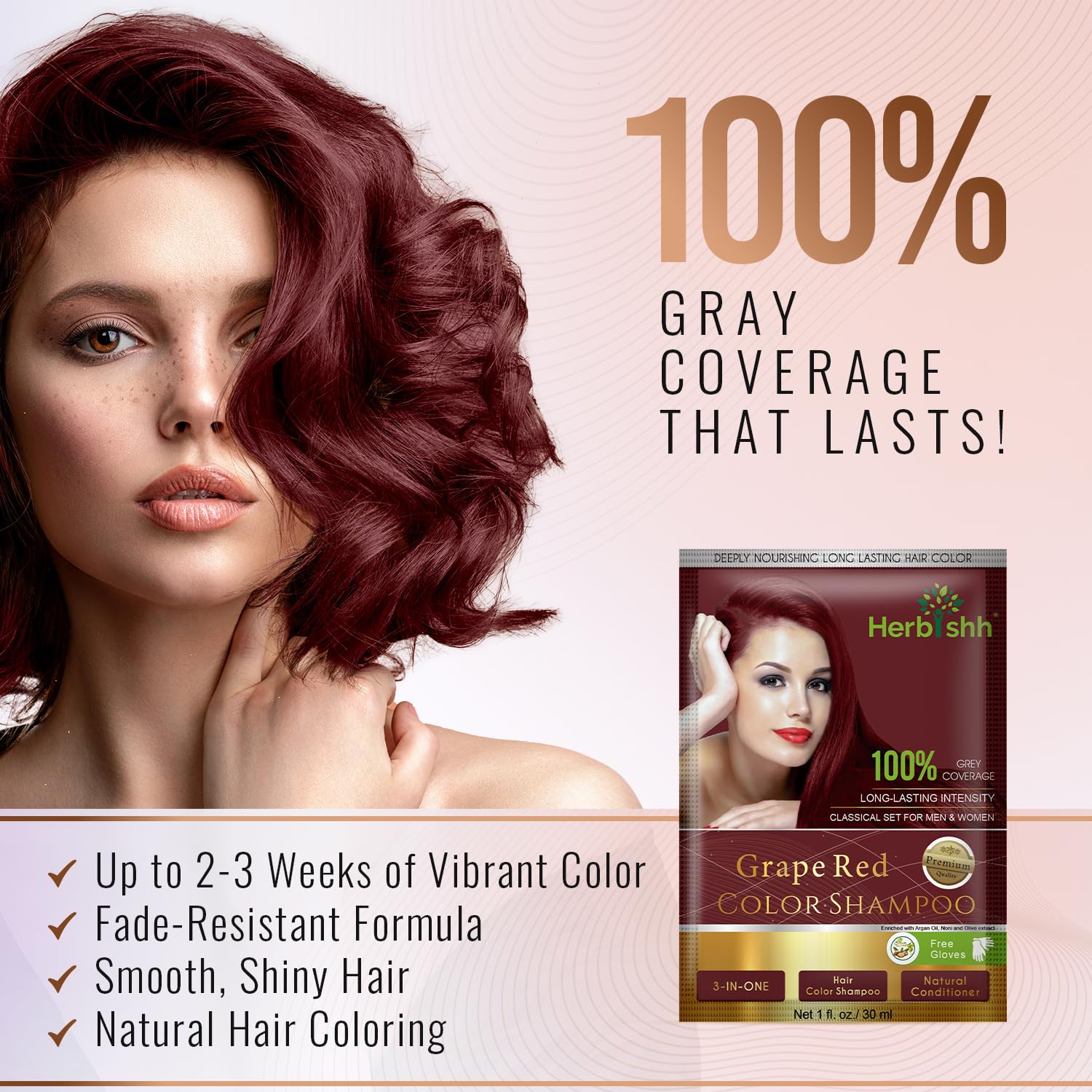 Herbishh Hair Color Shampoo for Gray Hair– Hair Dye Shampoo with Argan Hair Mask–Tamaño de viaje-Tiñe el cabello en minutos–Color de larga duración–10pack+1pack (Grape Red)