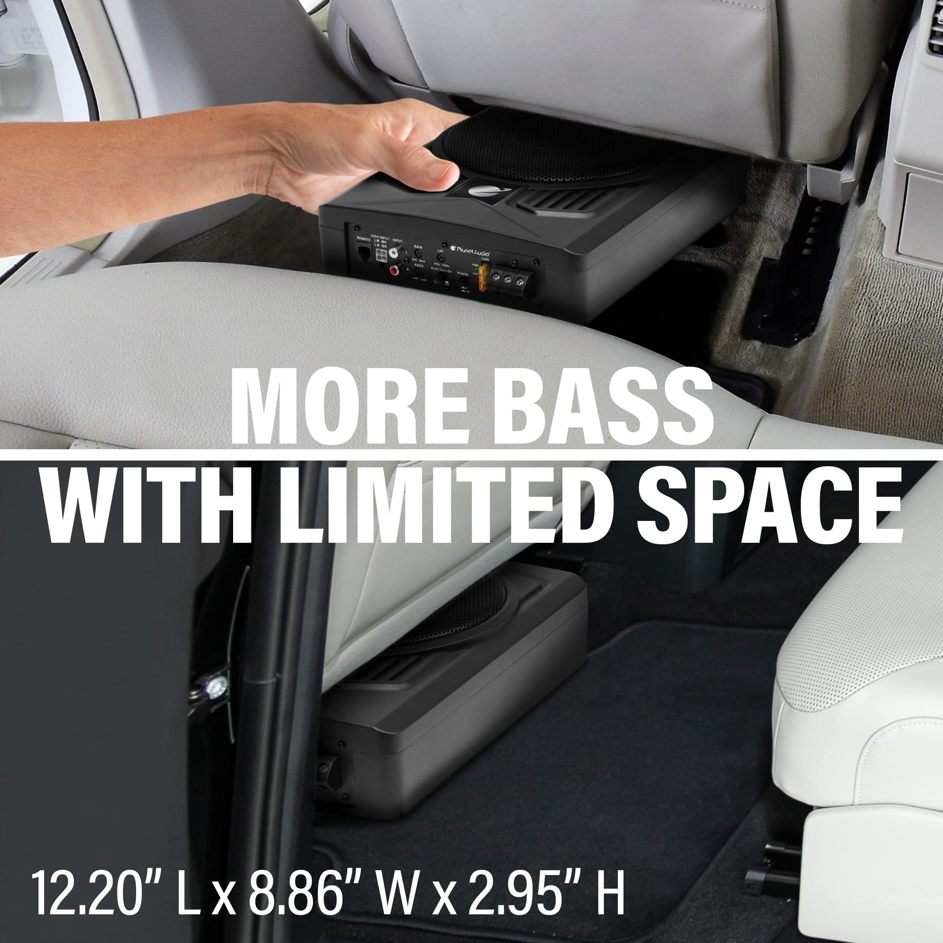 Planet Audio P8AWK - Subwoofer de perfil bajo de 8 pulgadas con motor para debajo del asiento, 800 de alta salida, amplificador integrado, para camiones, cajas y recintos, control remoto de subwoofer