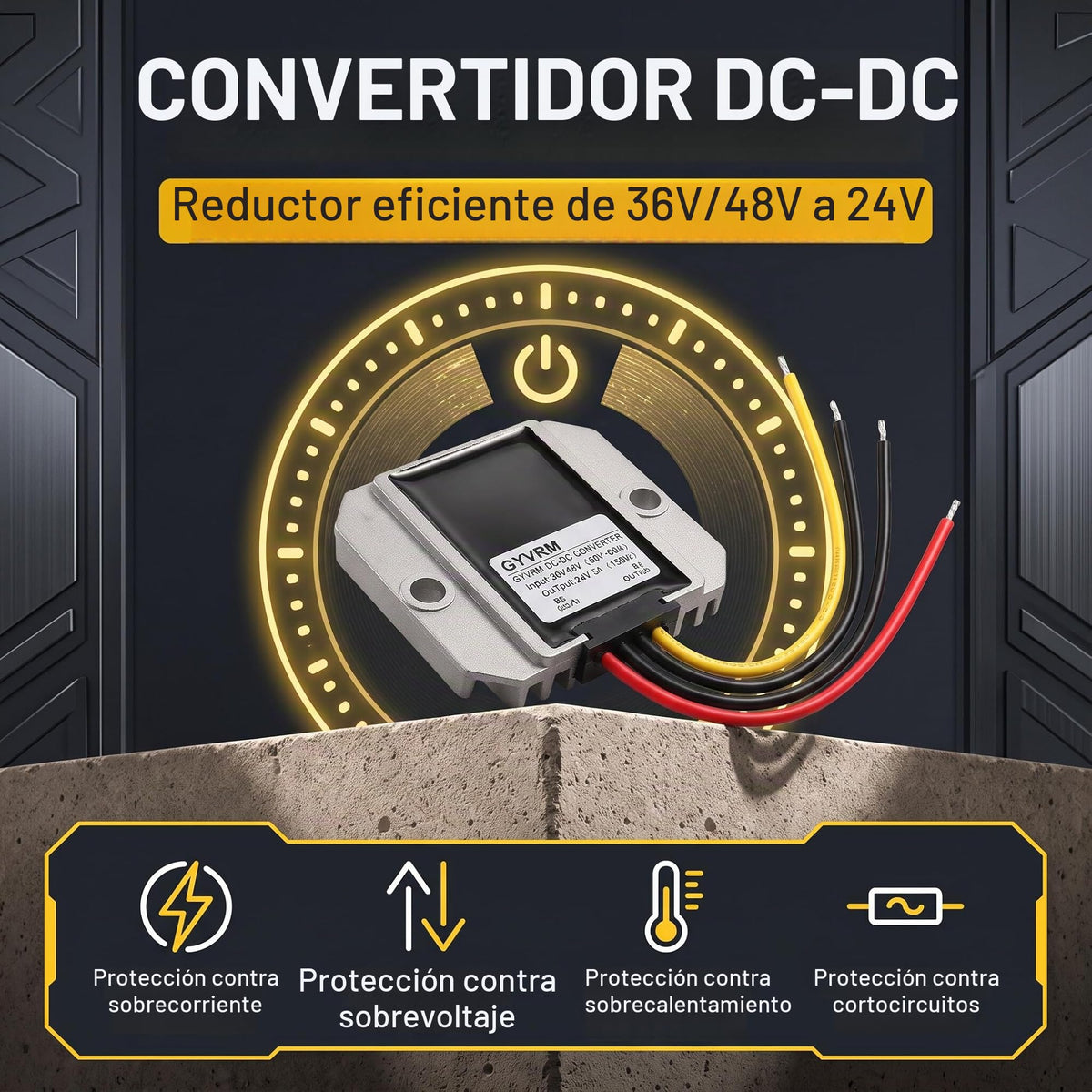 Convertidor Reductor CC a CC Tissting 36V 48V a 24V 5A 120W IP67 con Protección Automática para Pantallas LED y Ventiladores en Vehículos