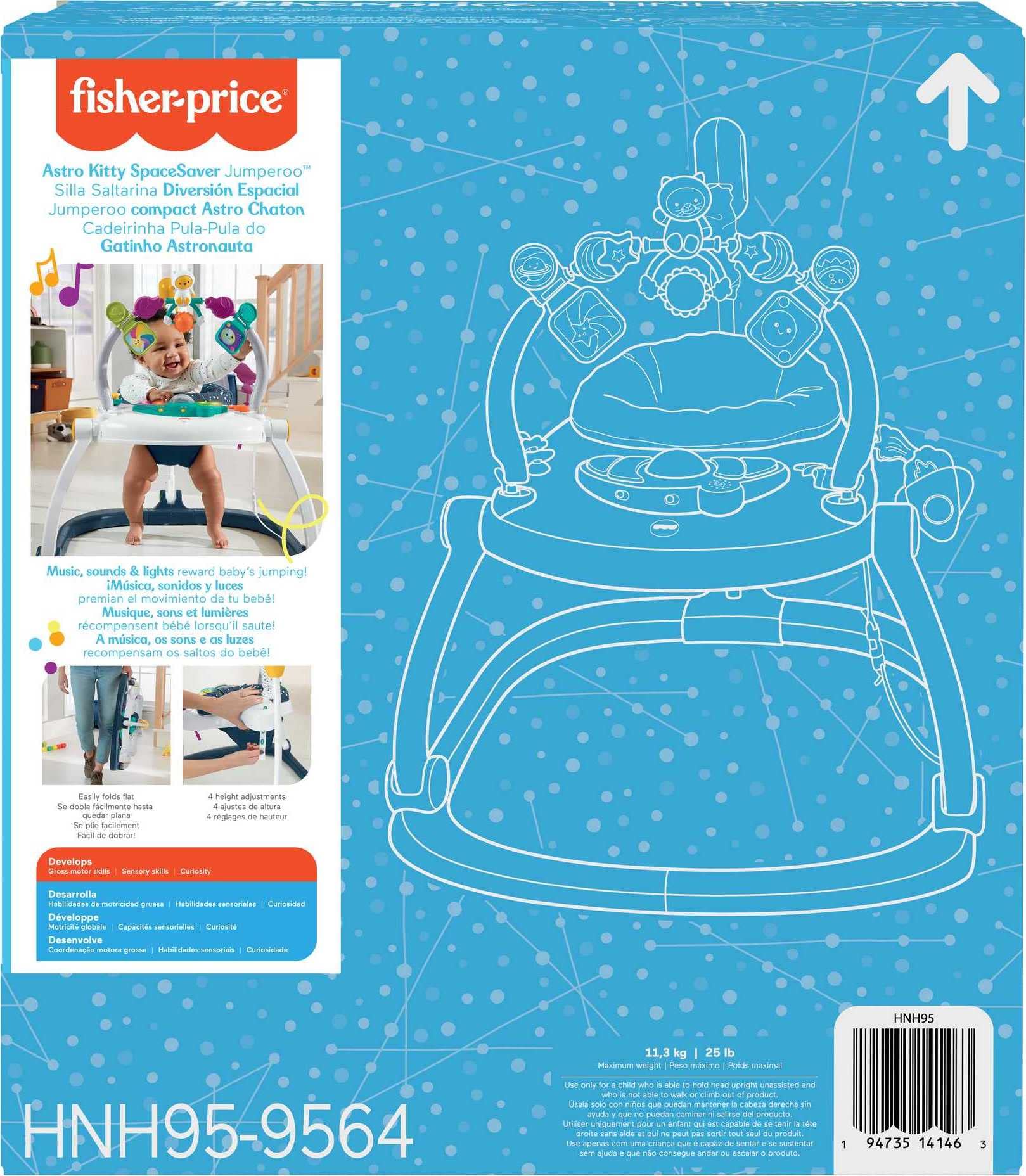 Fisher-Price Jumperoo - Centro de actividades para bebés con luces y sonidos, Astro Kitty SpaceSaver
