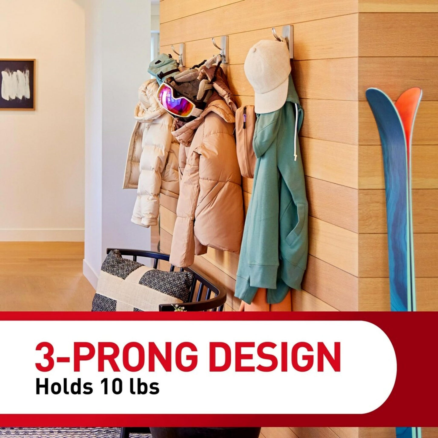 Command - Gancho Triple de níquel Satinado XL, 1 Gancho, 3 Tiras, Ganchos de Pared para Colgar sin daños con Tiras Adhesivas, Ganchos de Pared sin Herramientas para Colgar Decoraciones en Espacios