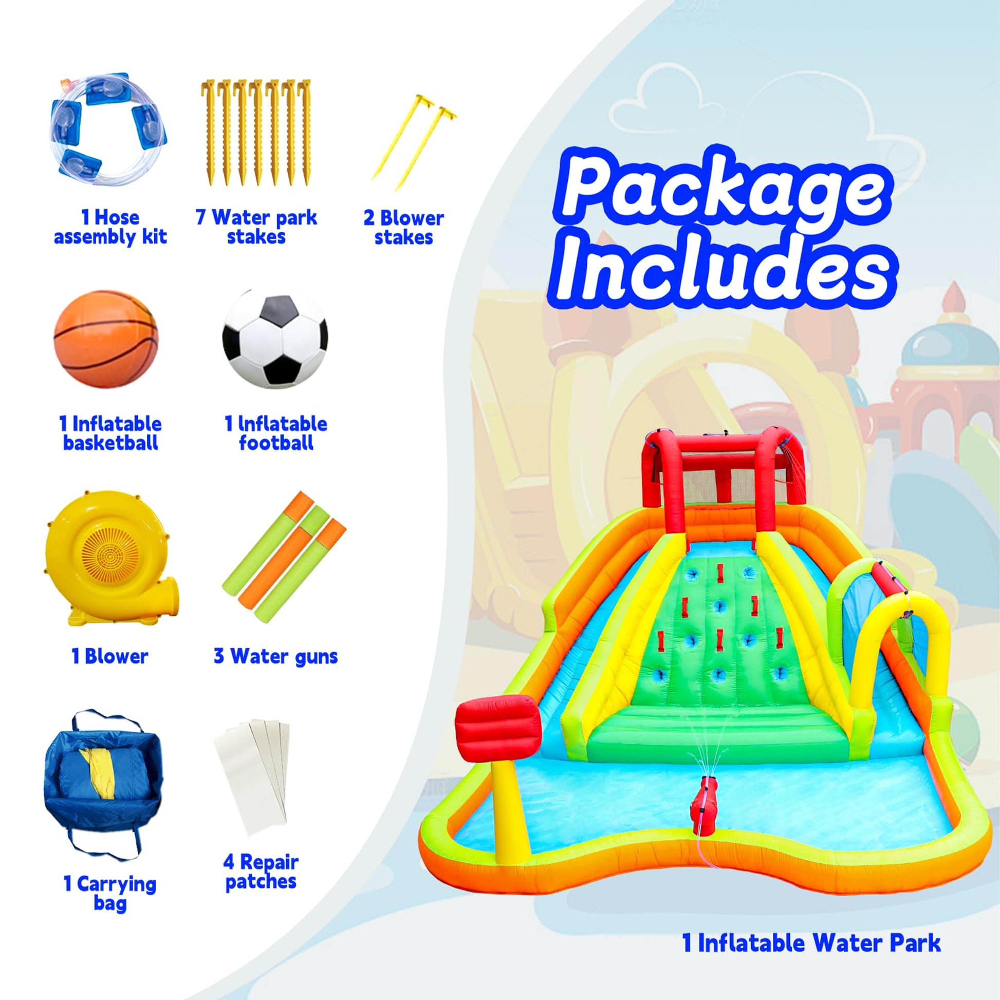 Parque Inflable WELLFUNTIME Azul con Doble Toboganes y Casa de Rebote