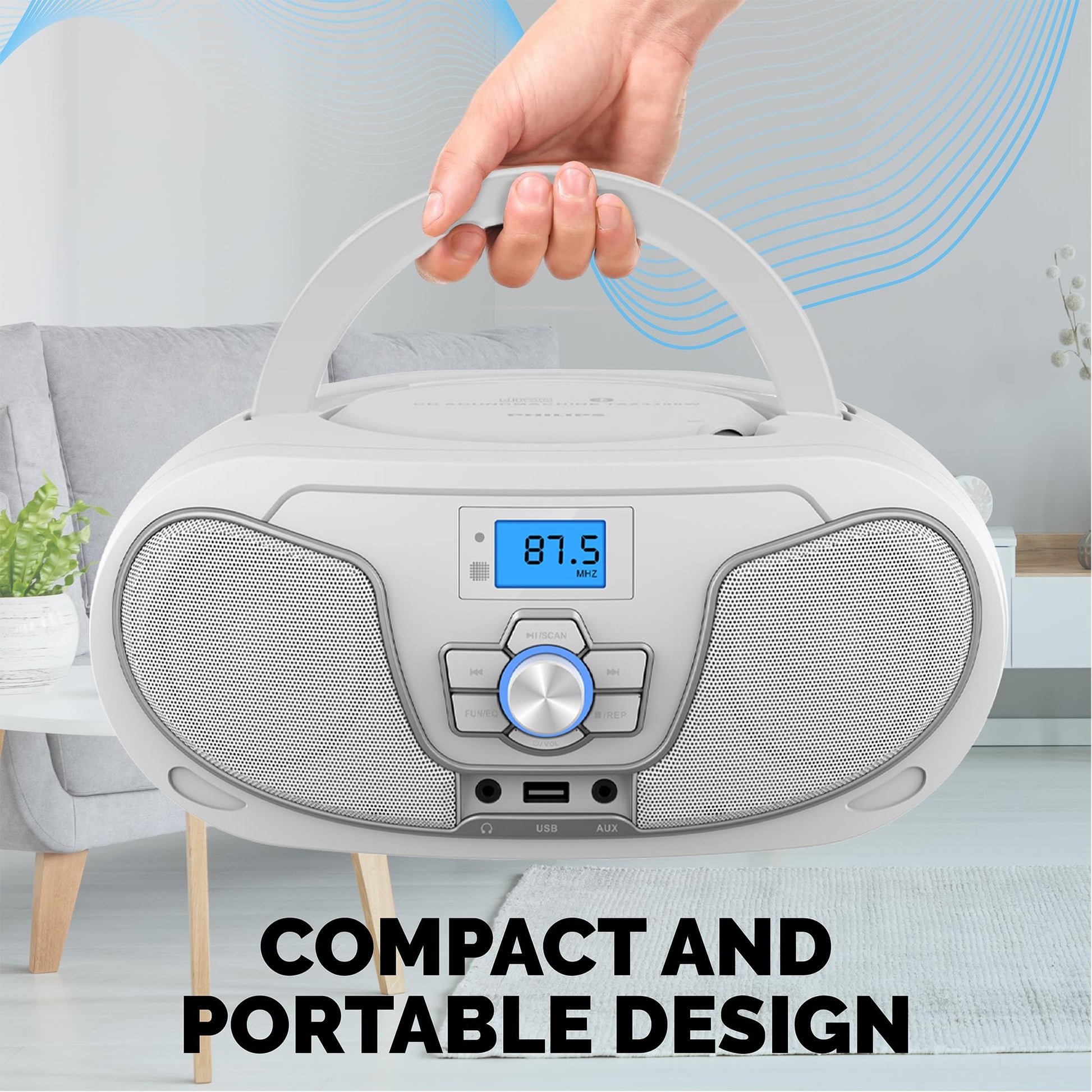 Philips Reproductor de CD Boombox, Aumento de graves dinámico con Bluetooth, Radio FM, Reproducción USB y entrada AUX, Boombox portátil de carga superior, Estéreo claro, Compatible con RW/MP3 (Blanco)
