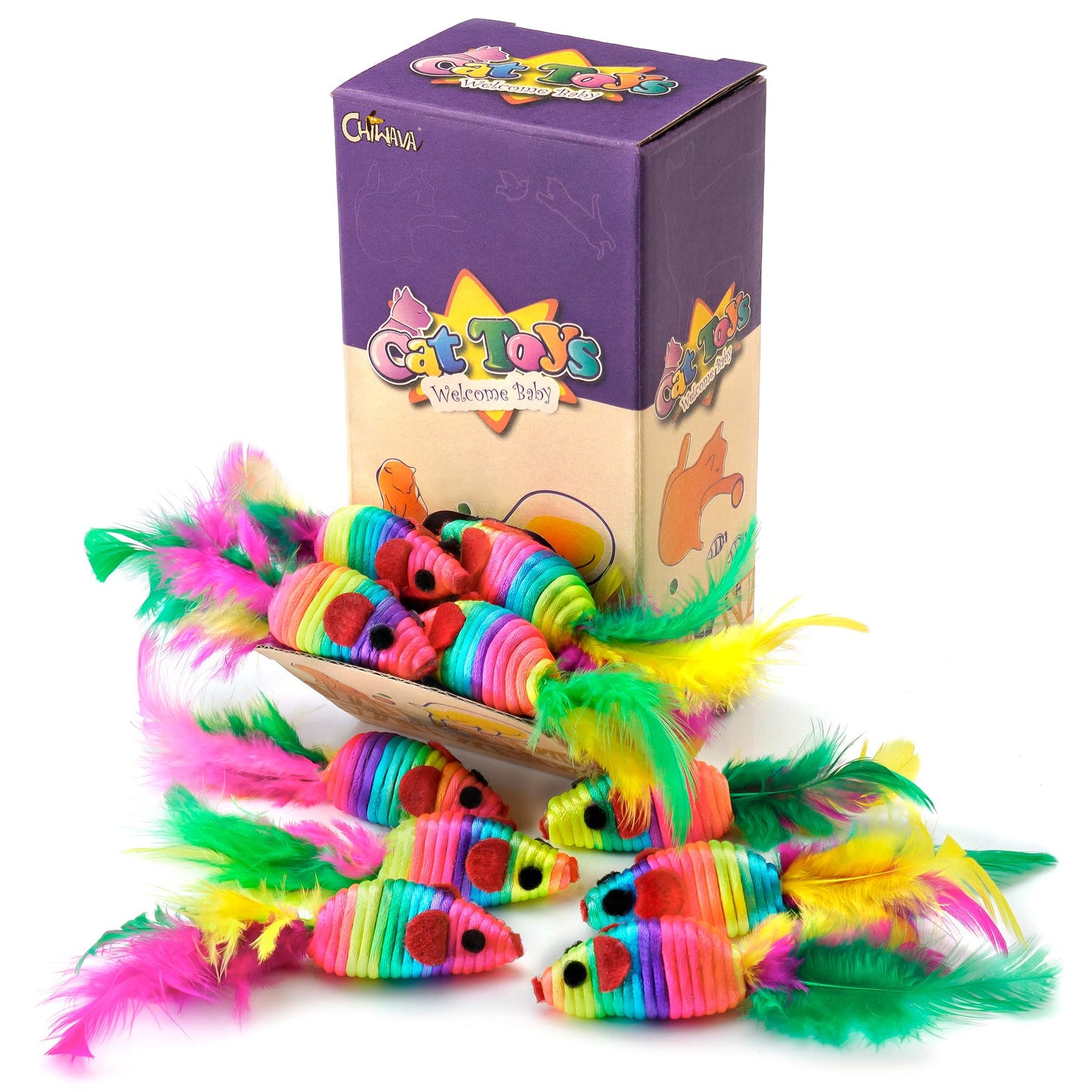 Chiwava 24 Piezas 5 "Juguete de Ratón con Pluma y Cuerda de Arco Iris para Gatitos en Varios Colores