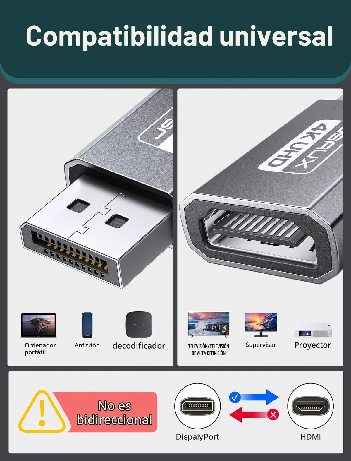 Adaptador DisplayPort HDMI JSAUX Negra 4K UHD 2K@120Hz para Monitor