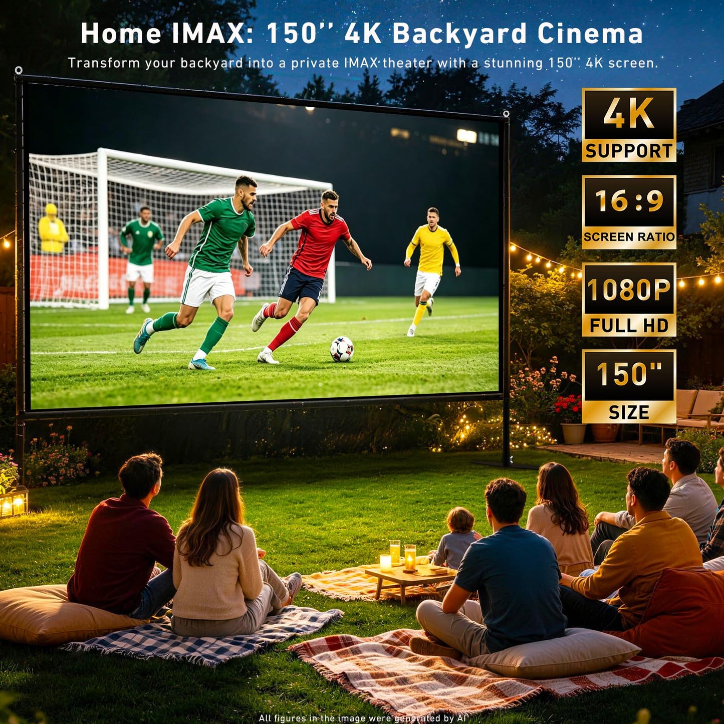 visualización de proyector de 150 pulgadas con soporte, visualización de cine portátil 4K HD 16:9 para exteriores, visualización de proyección plegable sin arrugas, con bolsa de transporte y uñas de