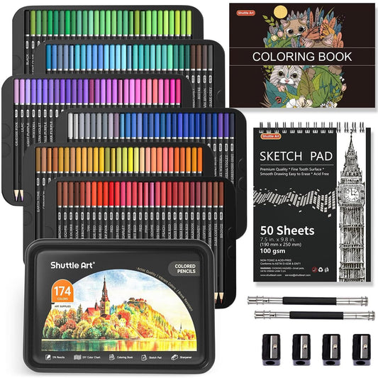 Shuttle Art Soft Core - Lápices de colores profesionales de 174 colores, con 1 libro para colorear, 1 cuaderno de bocetos, 4 sacapuntas, 2 extensores de lápiz, perfecto para artistas, niños y adultos, para colorear y dibujar