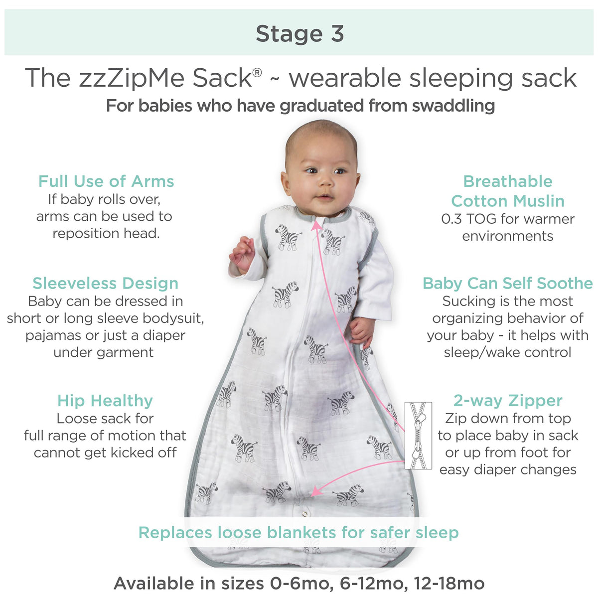 Amazing Baby Saco de Dormir de Muselina de algodón, para bebé niño o niña, Manta con Cremallera de 2 vías, Estrellas, esterlina, Mediano (6-12 Meses)