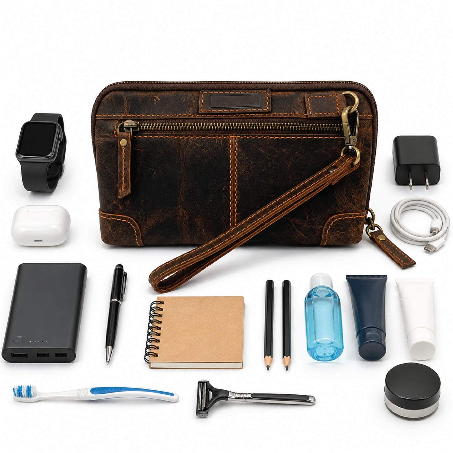 TheAntiq - Bolsa de maquillaje de piel auténtica, organizador de viaje, bolsa de cosméticos hecha a mano, con cierre y correa para la muñeca, Bolsa de maquillaje de viaje café, Estándar