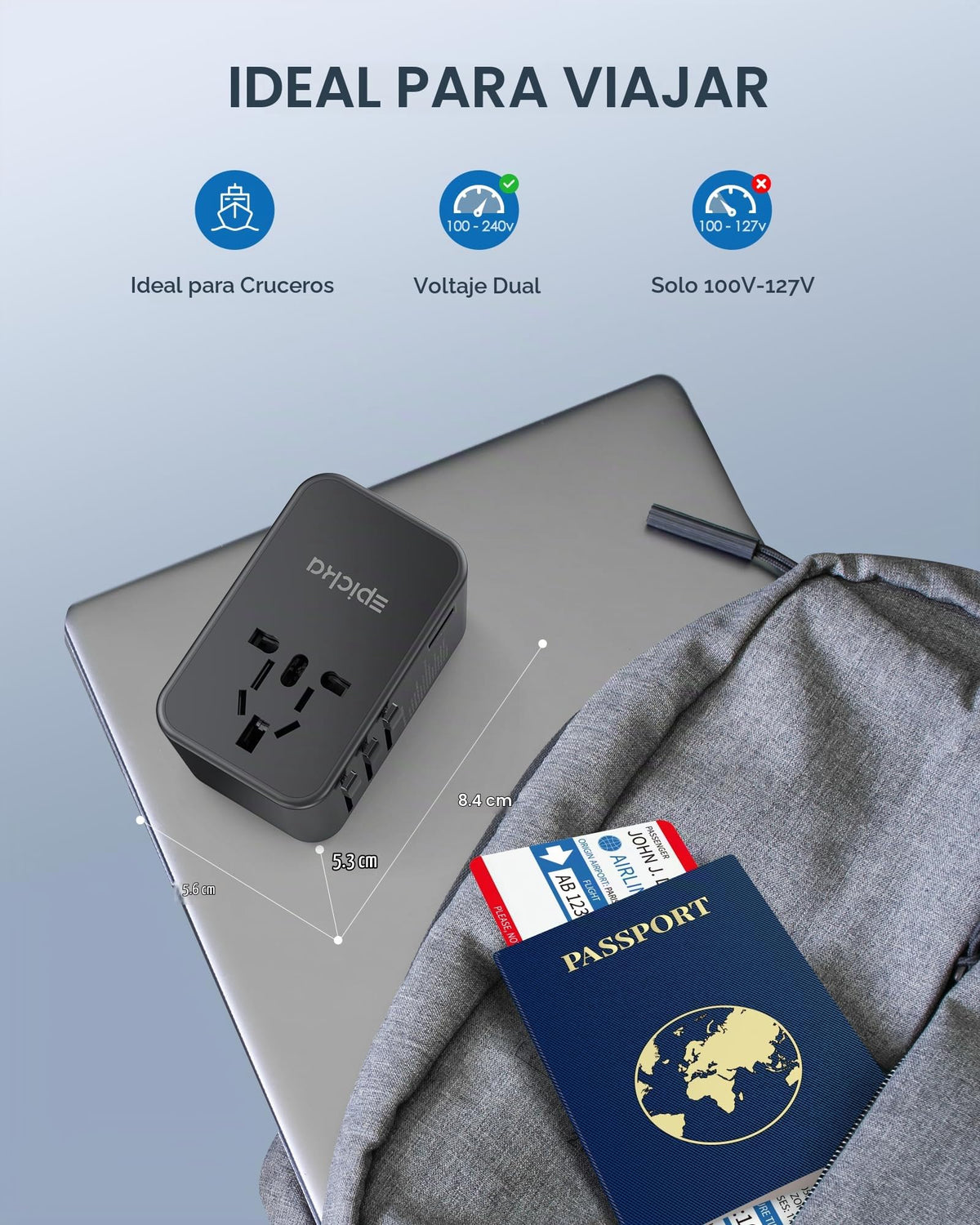 Adaptador de Viaje Universal EPICKA Negro con Carga Rápida 75W GaN y 3 Puertos USB-C