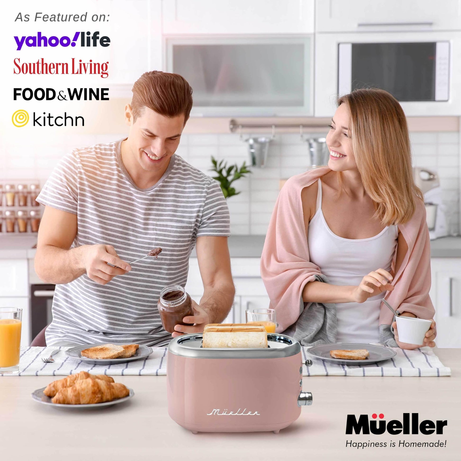 Mueller-Tostador retro para 2 rebanadas, 7 niveles de tostado, 3 funciones, calentar/descongelar/cancelar, acero inoxidable, charola de residuos extraíble, compartimento para cable bajo la base, rosa