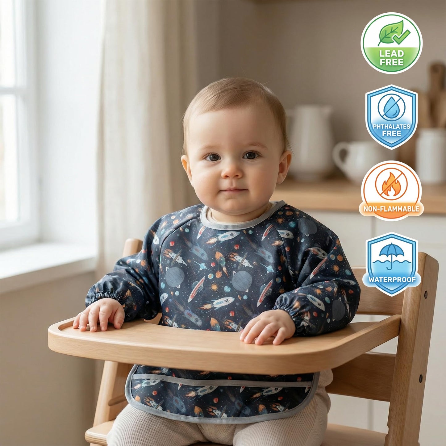 HAMUR HOME - Babero de manga larga para bebé de 2 a 4 años, impermeable y a prueba de desorden, para destete LED, lavable a máquina, ligero para bebés y niños pequeños Galaxy