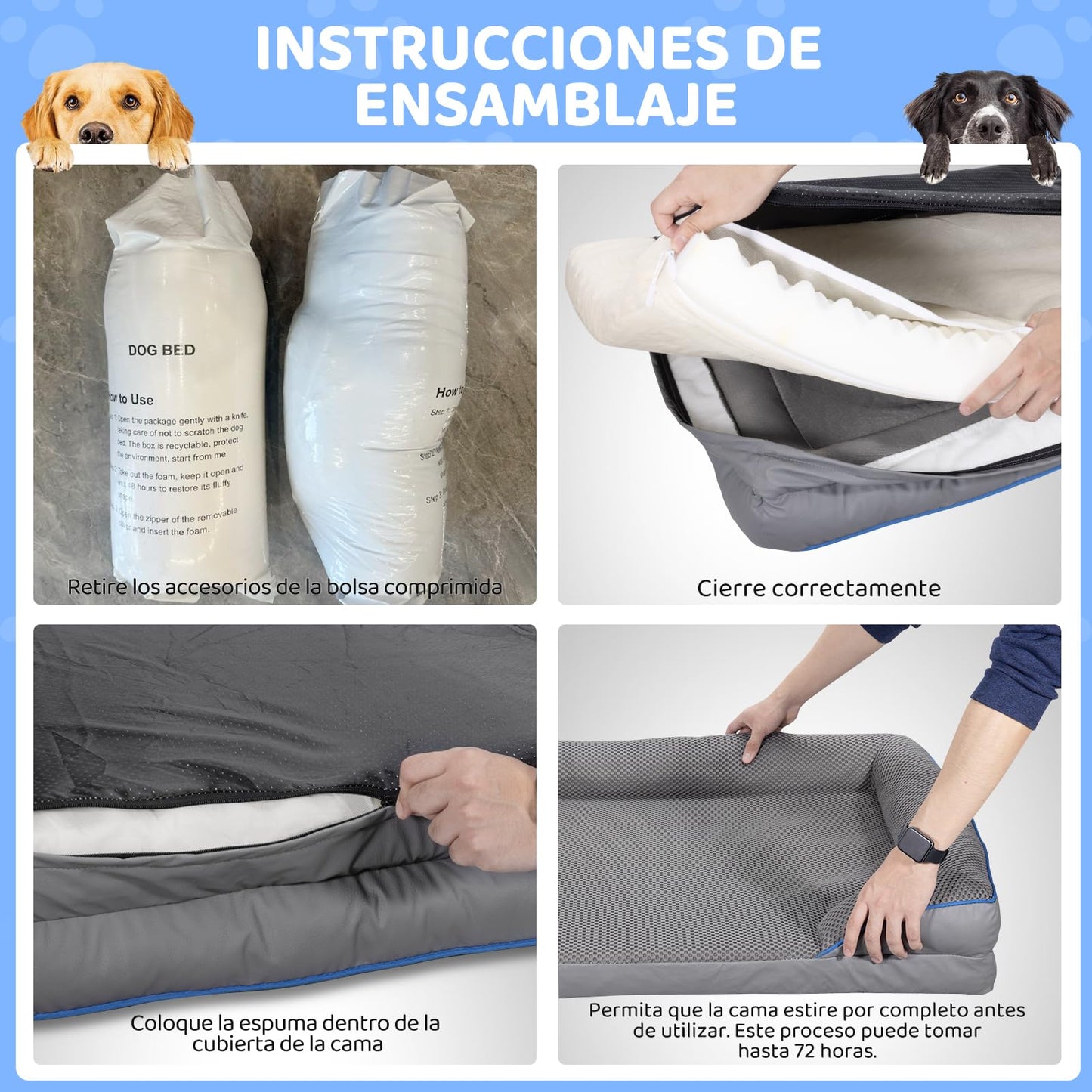 Cama Ortopédica para Perro Mediano wishkit Gris con Fondo Antideslizante y Bordes Acolchados