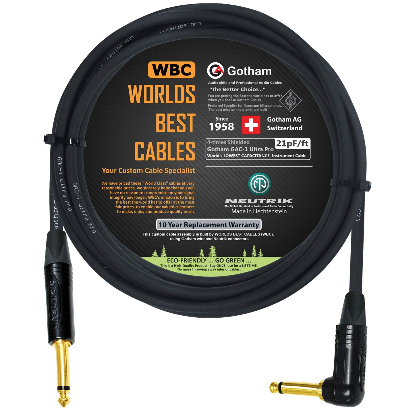 Cable de Instrumento Gotham GAC-1 Ultra Pro 12 Pies Premium Neutrik Gold recto a ángulo para Guitarra Baja