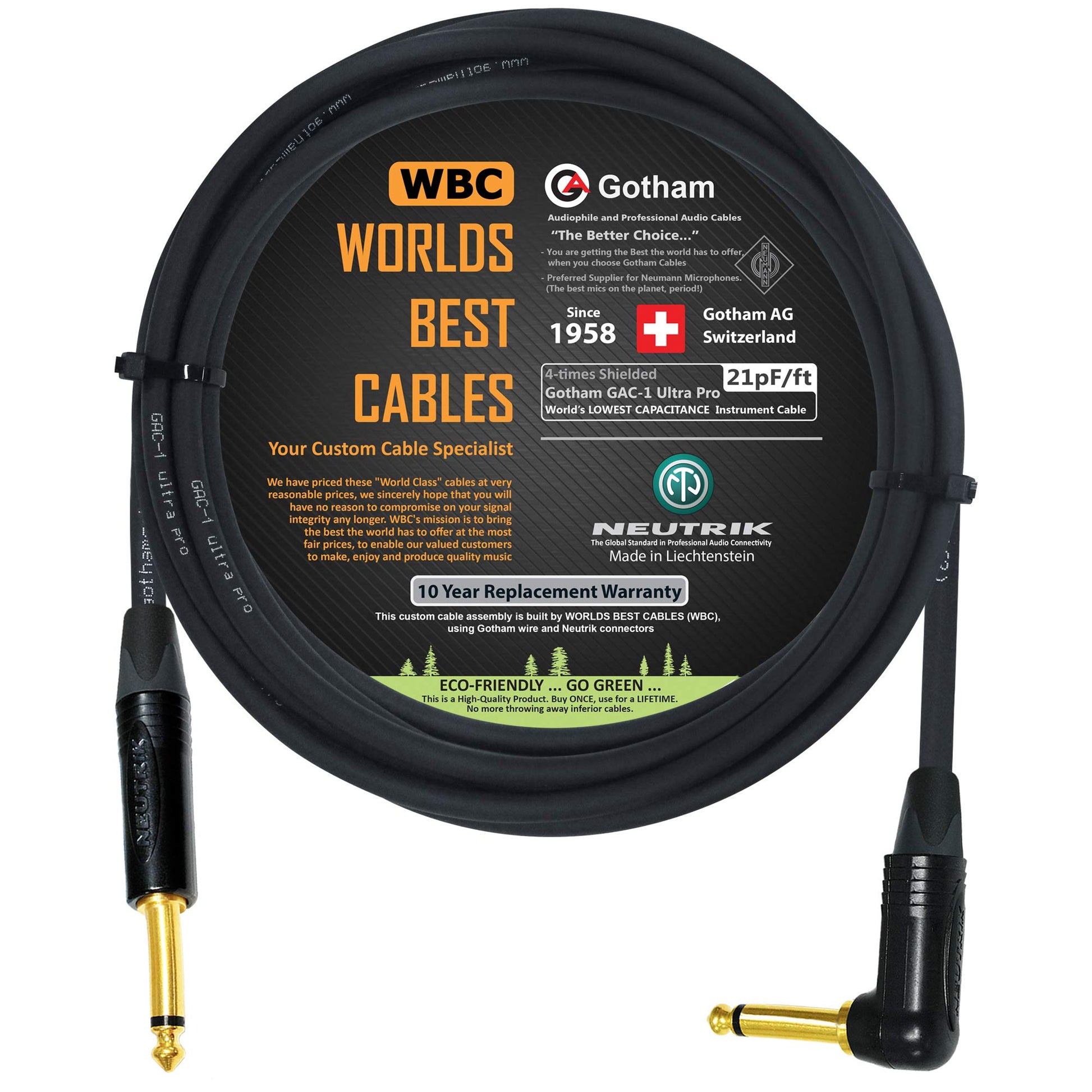 Cable de Instrumento Gotham GAC-1 Ultra Pro 12 Pies Premium Neutrik Gold recto a ángulo para Guitarra Baja